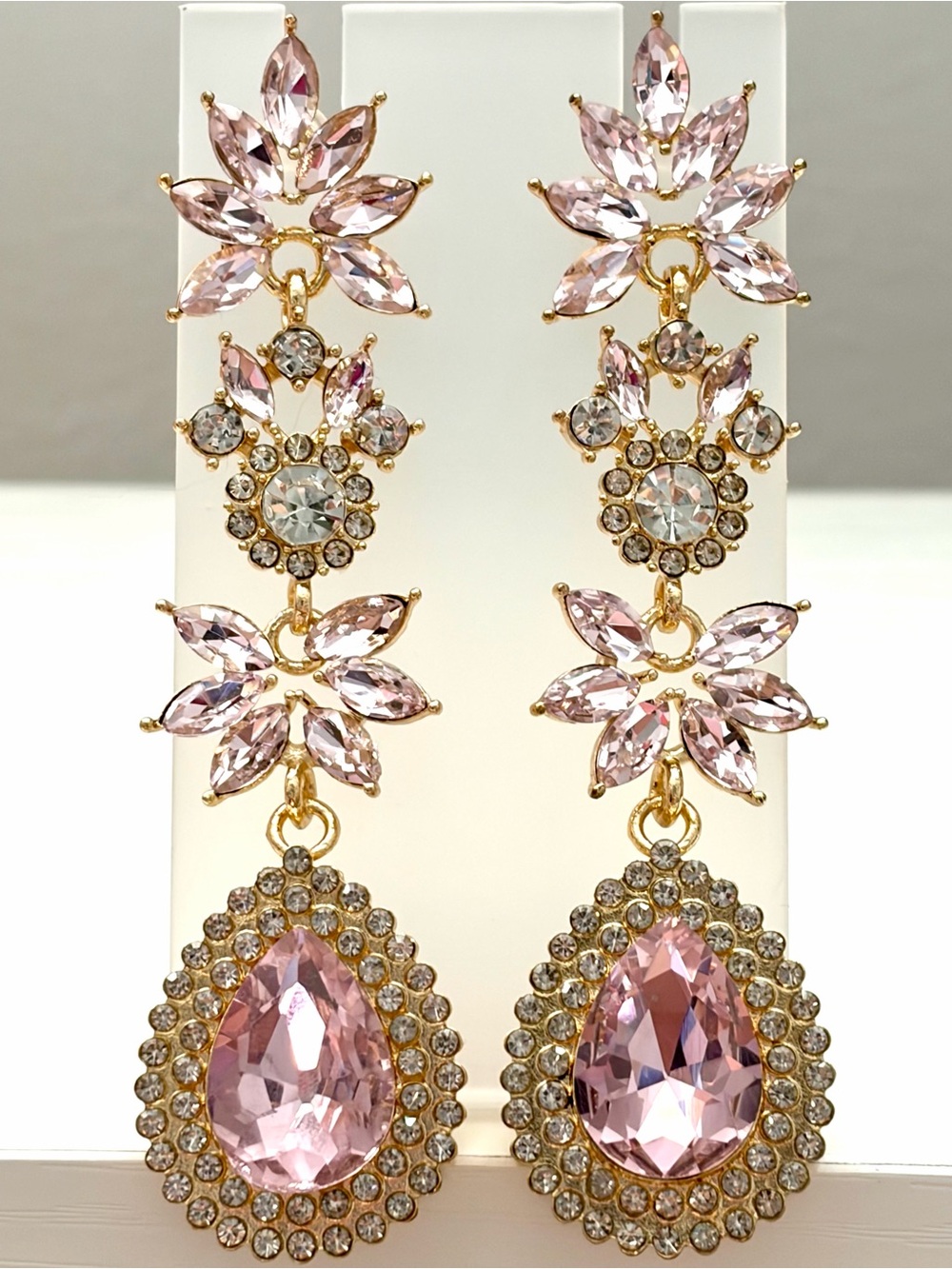 Pink CZ Floral Statement Earrings Gold Tone Teardrop Chandelier Earrings